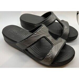 Crocs Dual Comfort Slip On Wedge Low Heel Sandals Black with Metallic Strap 8W
